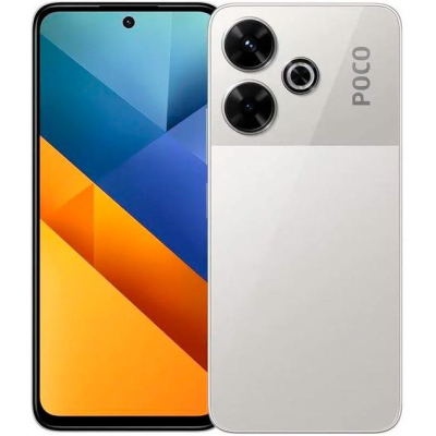 Смартфон Poco M6 8/256Gb NFC Silver (Global Version)  Екран: 6,79"; IPS; 2460x1080; 90 Гц • Процесор: Mediatek Helio G91 Ultra • ОС: Android 14 • Акумулятор: 5030 мАг (незнімний) • Камера: 108 (f/1.8, ширококутна) + 2 (f/2.4, макро-об'єктив) Мп • Корпус: пластик; 205 г; товщина 8,3 мм • NFC: +