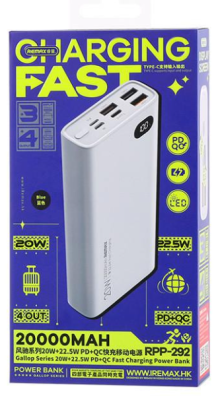 УМБ REMAX Gallop Series 20W+22.5W PD+QC Fast Charging Power Bank 20000mAh RPP-292  Зовнішній акумулятор (павербанк) • ємність: 20000 мАг • вихідний струм: 1,5/1,67/2/2,22/3/4,5/5 А • вихідні роз'єми: USB-Aх2, Type-C • швидке заряджання: QC 3,0, PD 3,0 • 